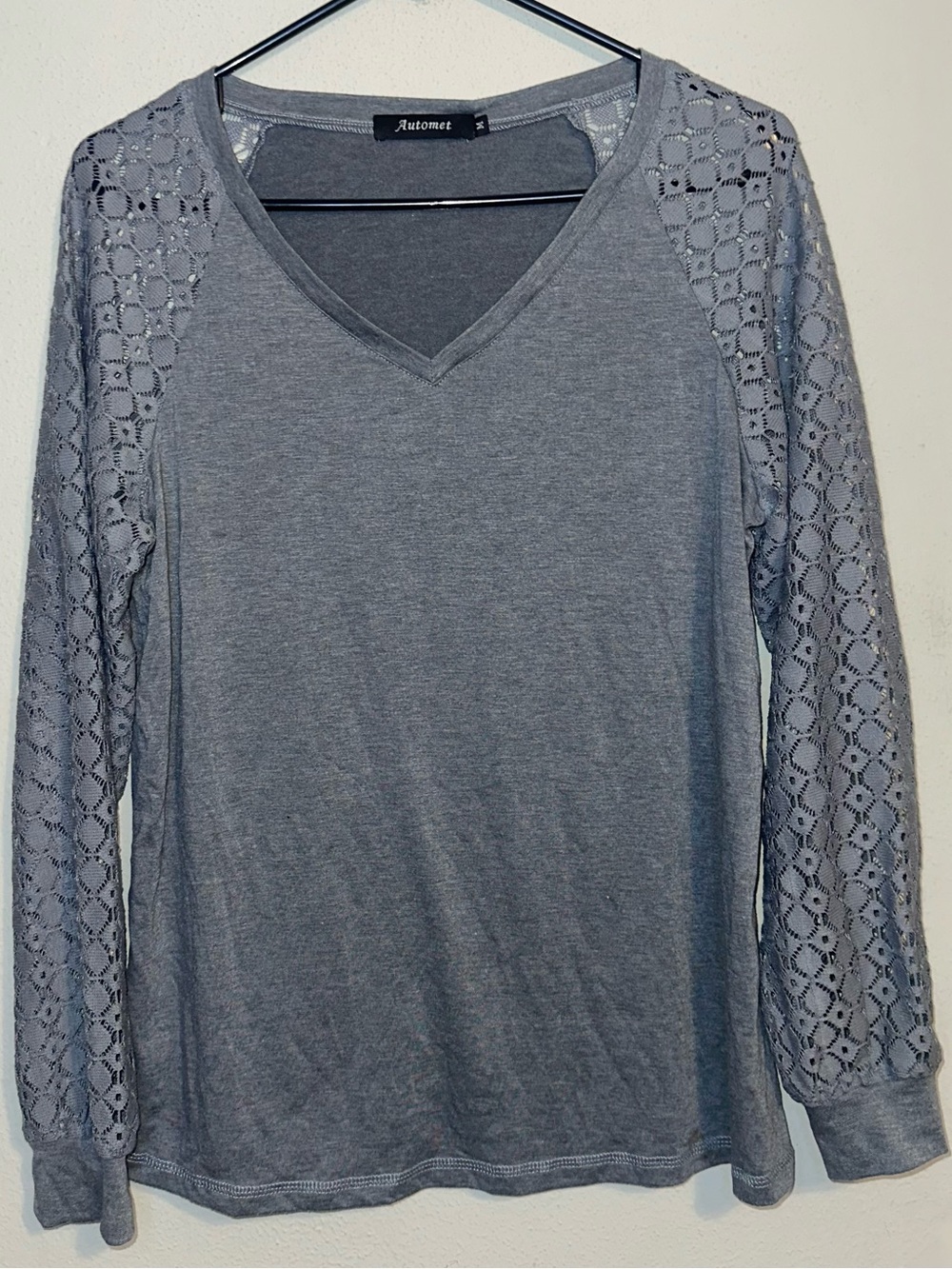 Automet Gray V Neck Lace Sleeve Top